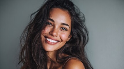 close up face of young woman with beautiful smile isolated on grey wall with copy space successful multiethnic girl latin woman looking at camera against gray wall with a big whitening teeth smile no