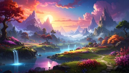 A vibrant, colorful landscape featuring majestic mountains, a flowing river, cascading waterfalls, and a plethora of flowers, painted with a soft, luminous light, evokes a peaceful and serene...