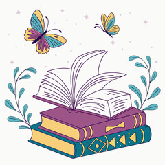 Illustration of stacked books with open pages butterflies and leaves for education and reading promotion
