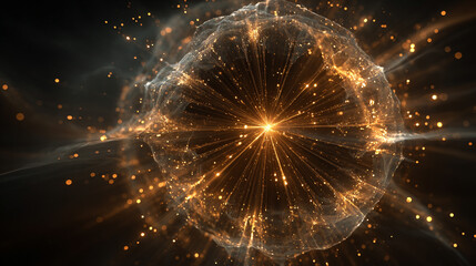 Glowing yellow energy orb radiating orange power rays against a dark background, symbolizing nuclear energy, cosmic forces, and futuristic technology.