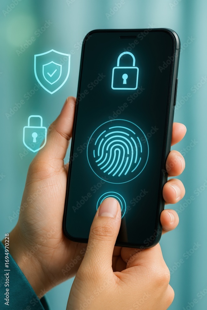 Poster mobile device security features digital environment technology illustration user experience close-up