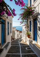 Greek Island Alley with Bougainvillea, and Sea View.