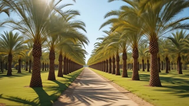 Enjoy a tranquil stroll through a lush date palm grove under the bright sunshine. 4k video