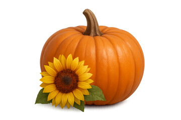 Obraz premium Ripe orange pumpkin leaning on sunflower with transparent background