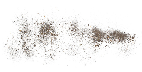 Dirt, soil pile flying isolated on white background, clipping path