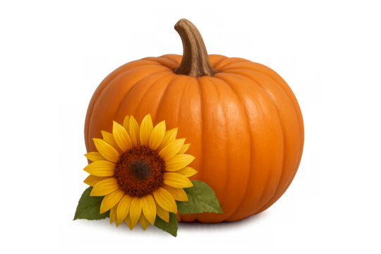 Ripe orange pumpkin leaning on sunflower with transparent background