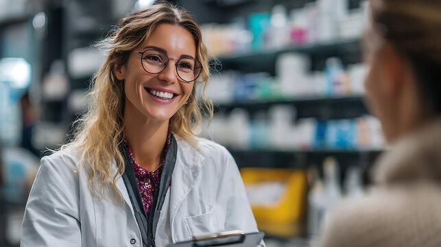 happy female pharmacy consultant helping customer with prescription professional pharmacist providing instructions healthcare guidance medical advice patient support