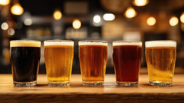 glasses with different sorts of craft beer on wooden bar tap beer in pint glasses arranged in a row closeup of five glasses of different types of draught beer in a pub no logos no brands ar 169