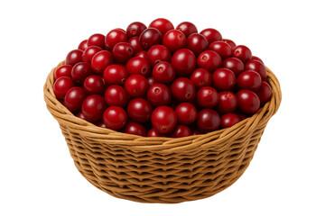 Wicker basket overflowing with fresh cranberries on transparent background