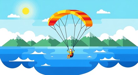 Paragliding over mountain lake.