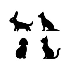 Minimalistic black and white animal silhouettes including a rabbit, dog, cat, and wolf