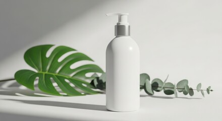 White Cosmetic Pump Bottle Mockup with Greenery and Soft Drop Shadow