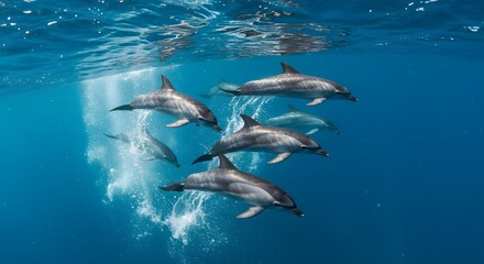 Naklejka premium A pod of dolphins swimming together in the ocean with sunlight filtering through the water surface above