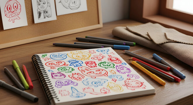 Colorful Creature Doodles And Sketchbook Laid Out On A Wooden Surface In Daylight