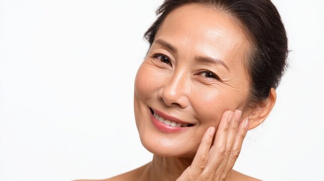closeup portrait of gorgeous happy middle aged mature asian woman senior older 50 year lady looking at camera touching her face isolated on white ads of lifting anti wrinkle skin care treatment no lo