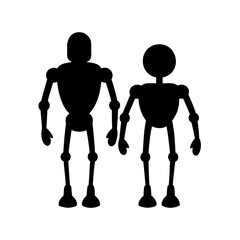 Two stylized robots standing side by side in a simple black silhouette