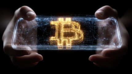 business cryptocurrency and future technology concept  close up of hands with virtual bitcoin symbol hologram transparent smartphone screen over black background no logos no brands ar 169