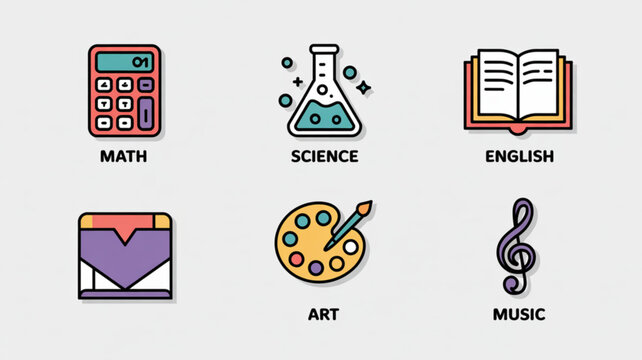 Colorful school subjects icons math, science, english, art, and music, representing diverse academic disciplines and creative pursuits