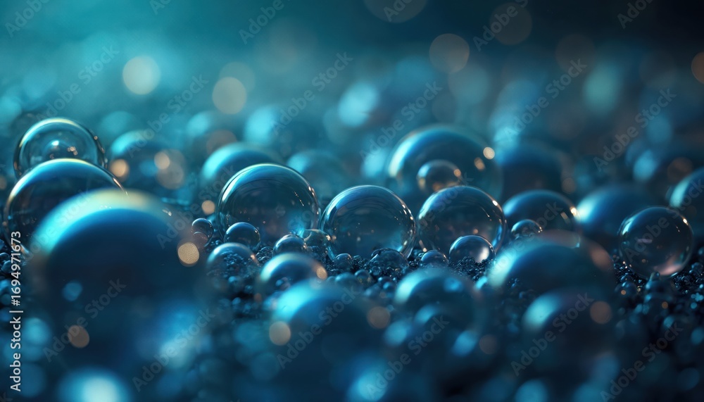 Aufkleber abstract background features translucent bubbles with dark blue, teal gradient. shiny spheres with r