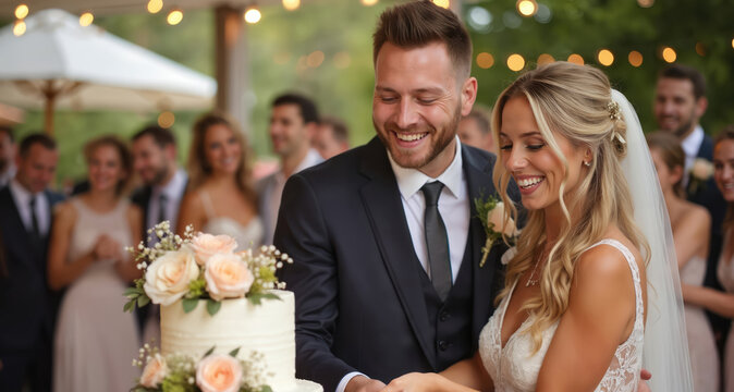 Joyful bride, groom share moment cutting wedding cake at reception party. Surrounded by guests, couple celebrates love, marriage. Elegant decor, festive atmosphere, smiles, happiness, romance mark