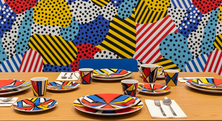 Obraz premium Colorful Table Setting With Plates, Cups And A Decorative Painted Wall Background