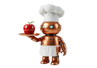 Isolated robot chef holds out an apple on a tray, a cute artificial intelligence, cooking theme