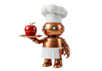 Isolated robot chef holds out an apple on a tray, a cute artificial intelligence, cooking theme