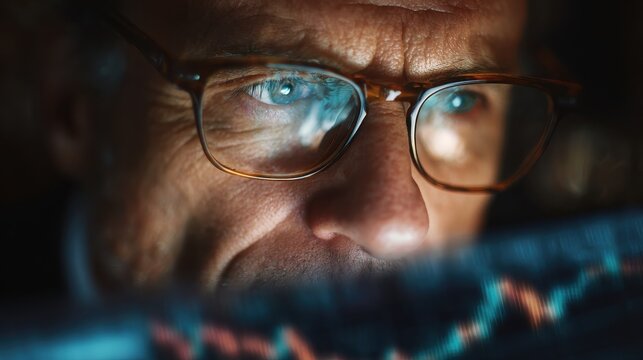 mature concentrated business man trader wearing eyeglasses working looking at laptop computer screen reflecting in glasses analyzing online trading market financial digital data graph close up view n - Powered by Adobe