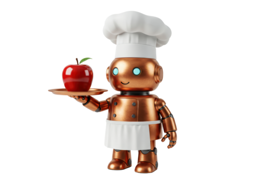 Isolated robot chef holds out an apple on a tray, a cute artificial intelligence, cooking theme