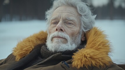 Elderly man relaxing in winter landscape with snow and fluffy coat