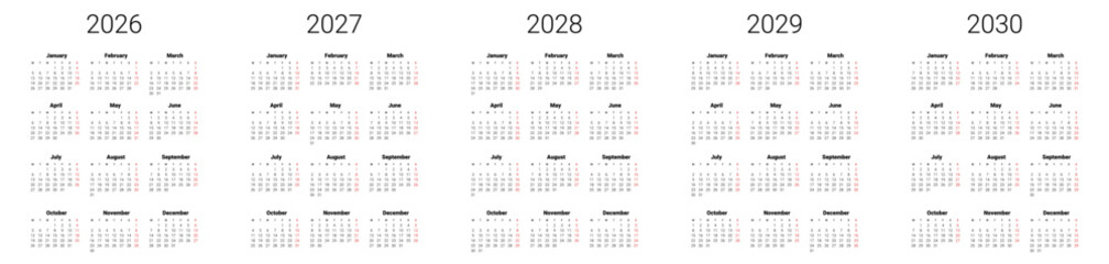 Set of 2026, 2027, 2028, 2029, 2030 calendar start from Monday. English UK Vector template. Full months for wall calendar. isolated background
