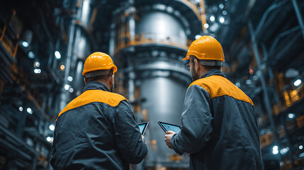 heavy duty industrial engineers using digital tablets in pipeline manufacturing facility constructing products for oil gas fuel transport professional industrial team workplace