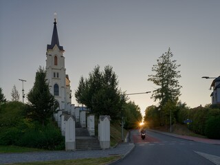 View of the Chapel of the Holy Cross &ndash; Calvary in Pelhřimov, setting sun, September evening