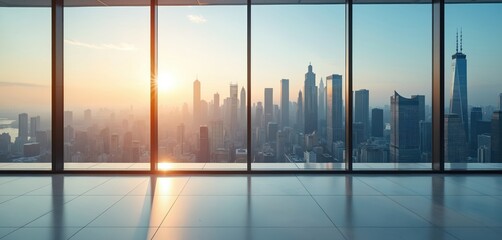 Fototapeta premium Modern office interior overlooks vibrant city skyline at sunrise. Sleek architecture defines metropolitan business district. Panoramic views from executive floor suggest productivity, corporate