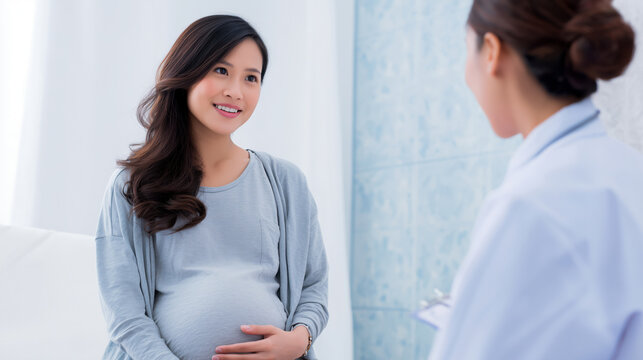 Hospital and healthcare background scene. Asian pregnant woman consulting gynecologist in clinic