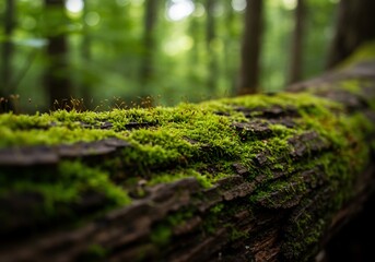 Mossy Log in Forest Closeup of Vibrant Green Growth and Tiny Sporophytes