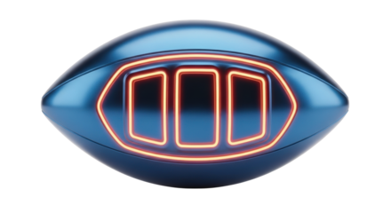 A sleek, deep metallic blue futuristic football with glowing neon orange lines, reflective, on transparent background with copy space, concept of futuristic sports technology