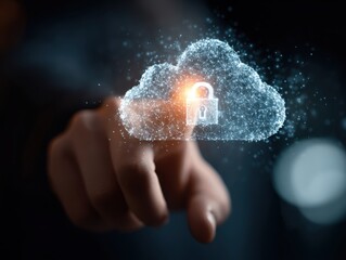 Security of cloud computing and server. Encryption networking and connect technology. Hand touching padlock icon on cloud storage icon.