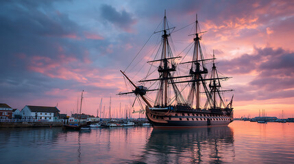 hms victory historic naval ship at portsmouth harbor during sunset sailing maritime vessel fleet ocean adventure history scenic nautical beauty
