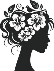 Silhouette of woman profile with floral hair design, tropical flowers, nature inspired art, feminine beauty, artistic illustration, elegant female portrait, decorative hair