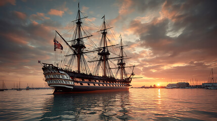 Fototapeta premium hms victory historic naval ship at portsmouth harbor during sunset sailing maritime vessel fleet ocean adventure history scenic nautical beauty
