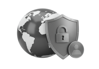 Isolated Security globe with a shield and open lock icon for global data protection