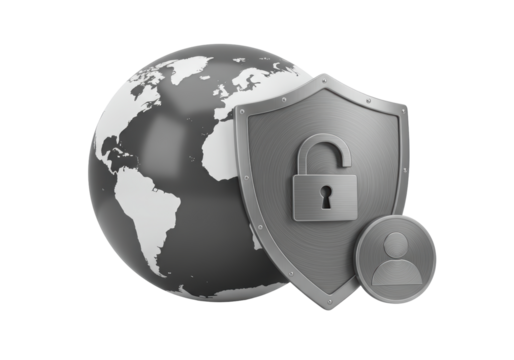 Isolated Security globe with a shield and open lock icon for global data protection