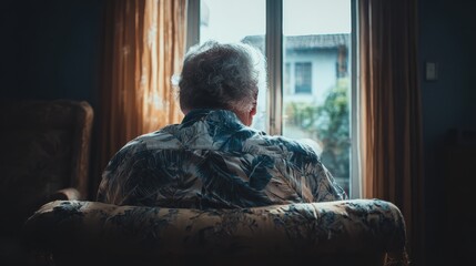 rear view of senior man sitting on armchair and looking through the window lonely old man sitting at home near window during covid19 outbreak thoughtful retired man abandoned at nursing home no logos