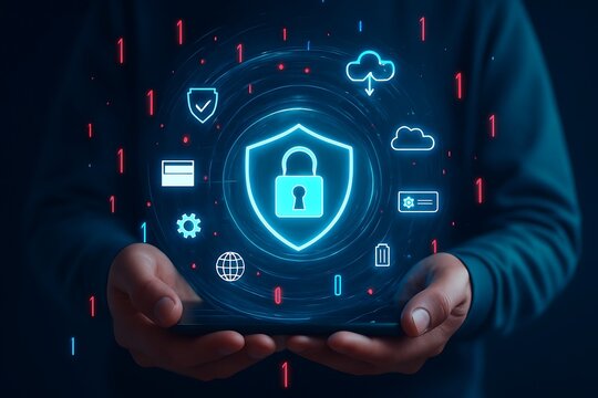 Cybersecurity Data Protection with Digital Lock Shield and Binary Code.