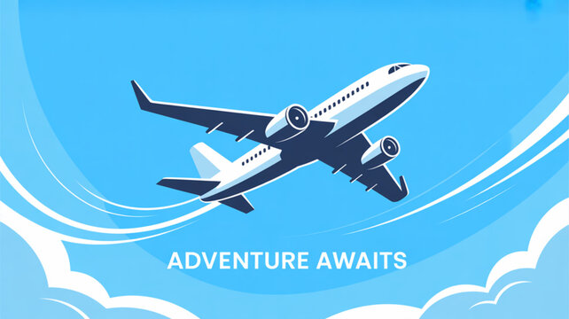 A white airplane soars through a vibrant blue sky, leaving trails of clouds behind, with the inspiring message adventure awaits displayed below - Powered by Adobe