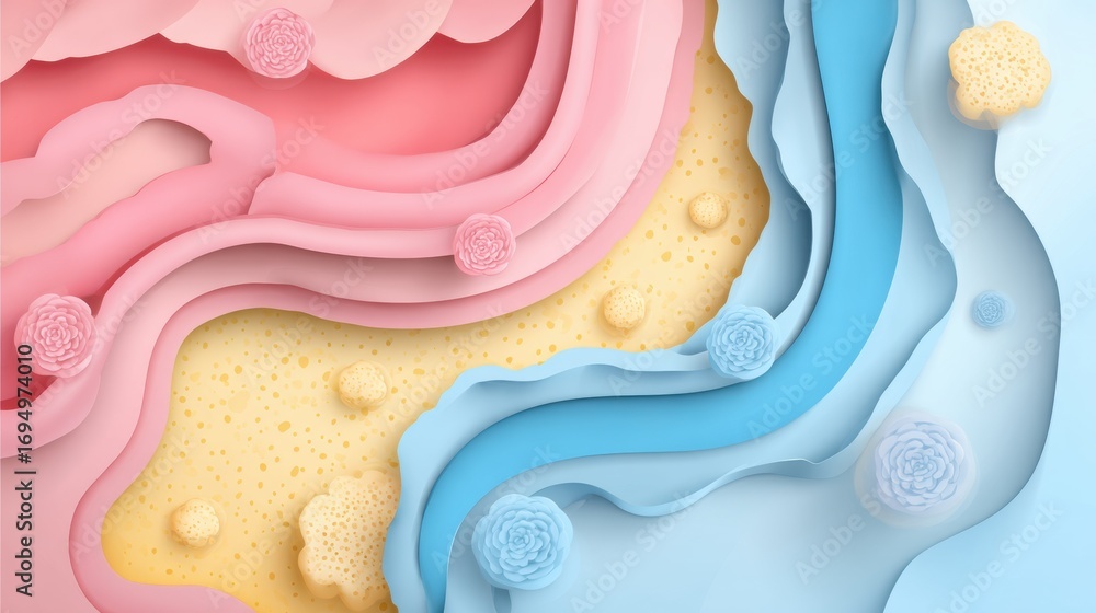 Poster colorful abstract pattern with layered shapes and decorative elements in pastel tones, creating a se
