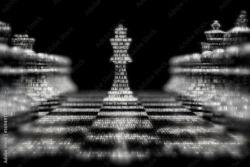 Poster abstract chessboard background featuring binary codeking piece cyber security nd big data theme
