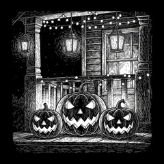 Carved Jack-o-Lantern Pumpkins Glowing on Decorated Porch - Engraving Style AI Raster Illustration