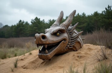 Fototapeta premium Wooden dragon head sculpture emerges from sandy ground amidst dry grass. Pine forest borders grassy field under overcast sky. Mythical creature art in nature park.